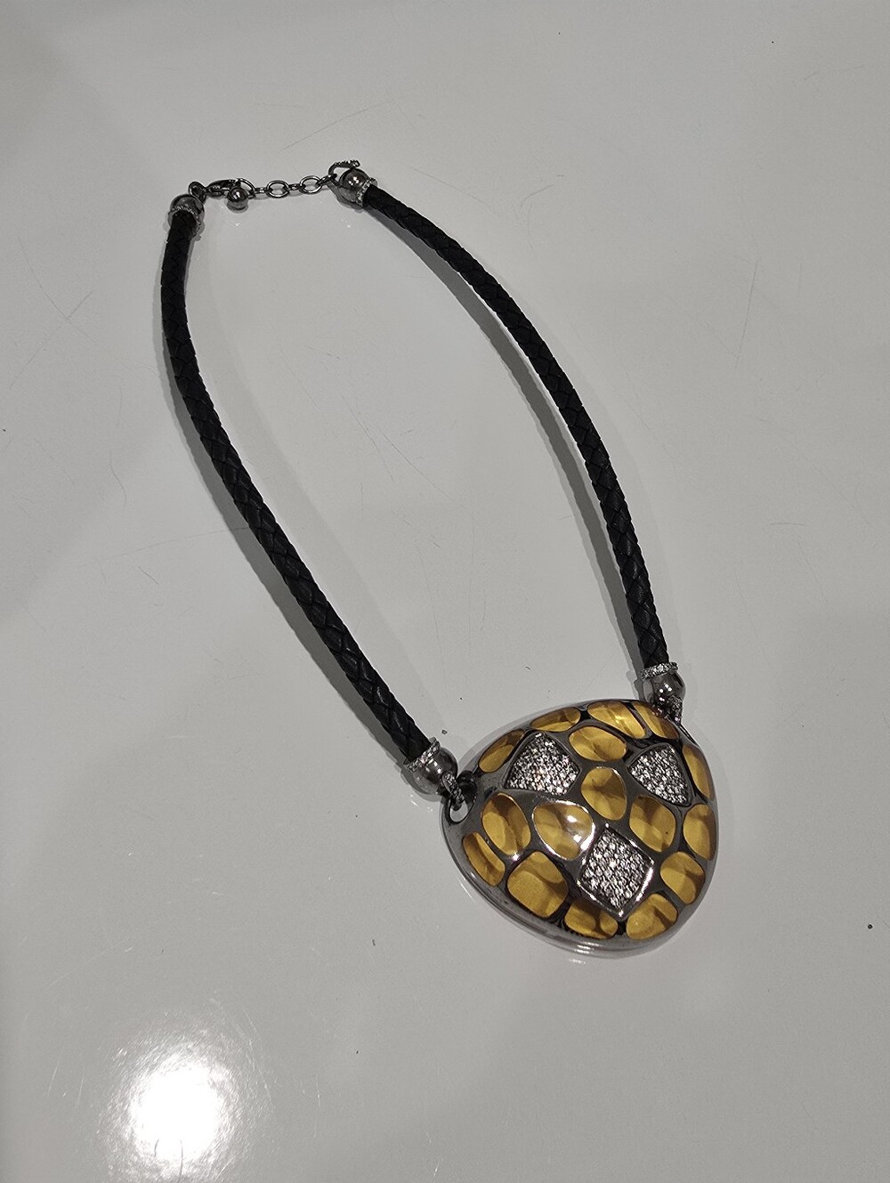 Vintage Lucite & Rhinestone Pendant On Black Braided Leather Cord